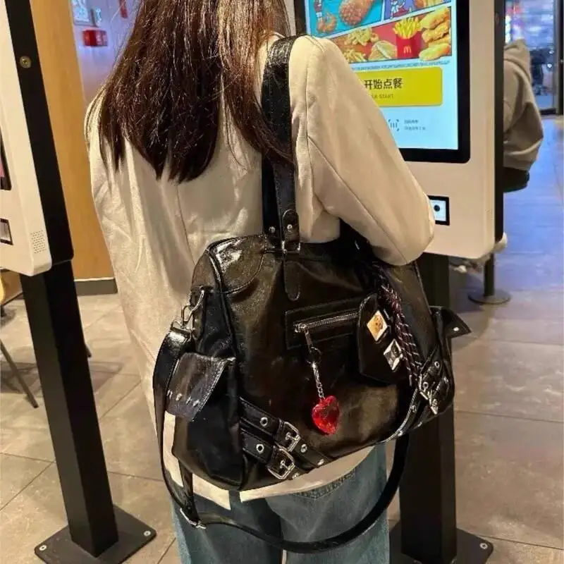 Hot Girl Retro Black Tote Women Studded Leather Textured Large Capacity Shoulder Ladies Edgy Cool Punk Y2k Crossbody Bag