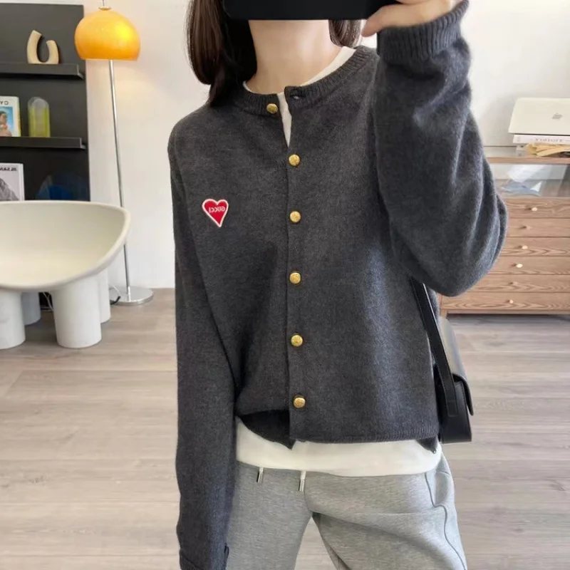 2024 Autumn and Winter New Women's Wool Cardigan Korean Style Love Embroidered Letter Crew Neck Single-Breasted Knitted Coa