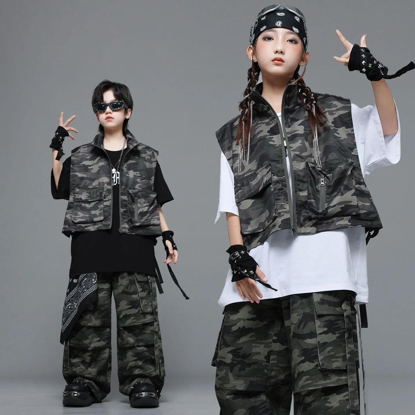 طفل Kpop الهيب هوب الملابس كامو جاكيت بلا إكمام سترة المحملة حزام غير رسمي المظلة البضائع السراويل لفتاة صبي ملابس رقص الملابس