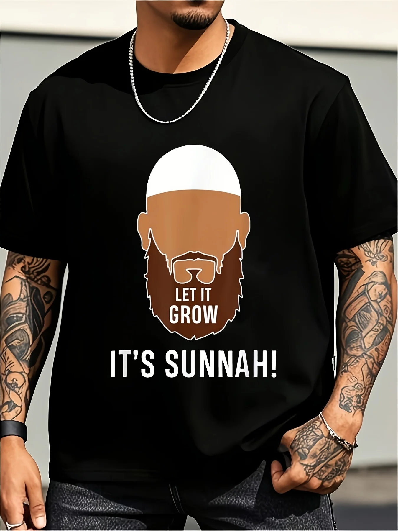New Year Men's T-Shirt, Fun Men's T-Shirt, Islamic Propaganda T-Shirt, Mustache and Sunni T-Shirt, Soft Fabric, Breathable and Comfortable, Short Sleeve T-Shirt, Summer Christmas Style, Plus Size Retro Casual Round Neck Printed T-Shirt, Unisex, Plus Size