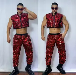 Silver Red Laser Sequins Vest Pants Jazz Hip Hop Dance Costume Male Singer Dancer Groups Nightclub Carnival Party Stage Wear