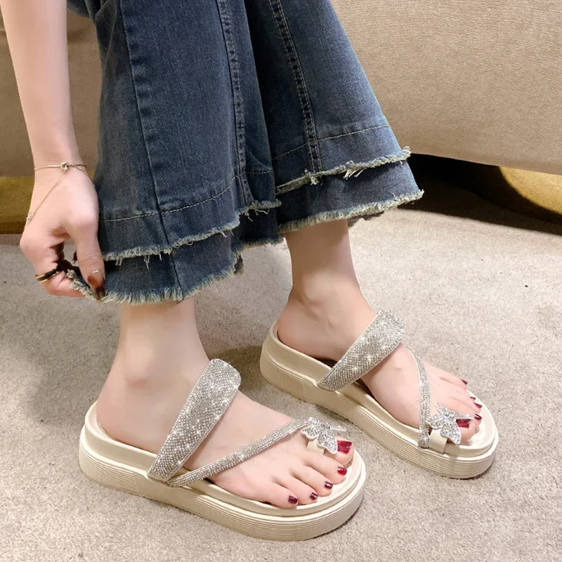 Shiny Crystal Butterfly Flat Heeled Sandals Women 2024 Summer Clip Toe Platform Slippers Woman Soft Thick Sole Flip-Flops Slides