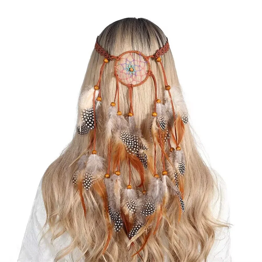 High quality Woman Bohemian Hippie Headband Dream Catcher Feather Headdress Fashion Peacock Feather Headbands Hair Accessories