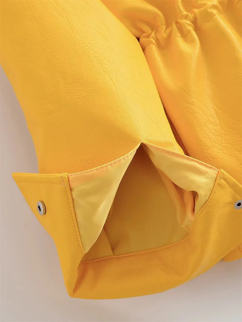 Guobioziy Women's Jacket 2026 Fall New Arrival Yellow Long-Sleeve Stand Collar Loose Faux Leather Jacket Parka Biker Style