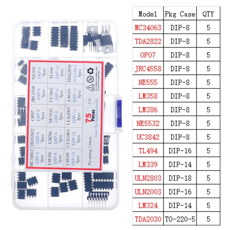 75pcs 15Values DIP IC Assorted kit set LM358 LM386 ULN2003 LM324 NE555 MC34063 TDA2822 JRC4558 OP07 TDA2030 ULN2803 LM339 NE5532