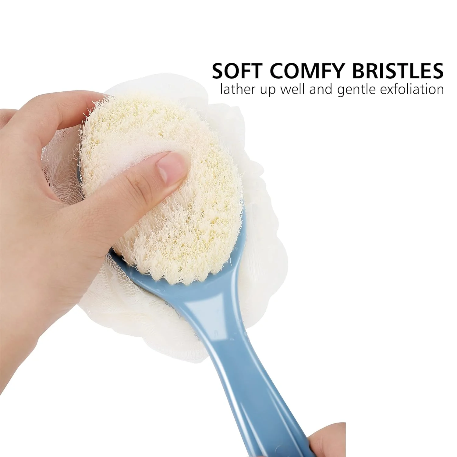 Shower Body Brush with Bristles and Loofah, Back Scrubber Bath Mesh Sponge, Curved Long Handle, Skin Exfoliating, Massage Bristl