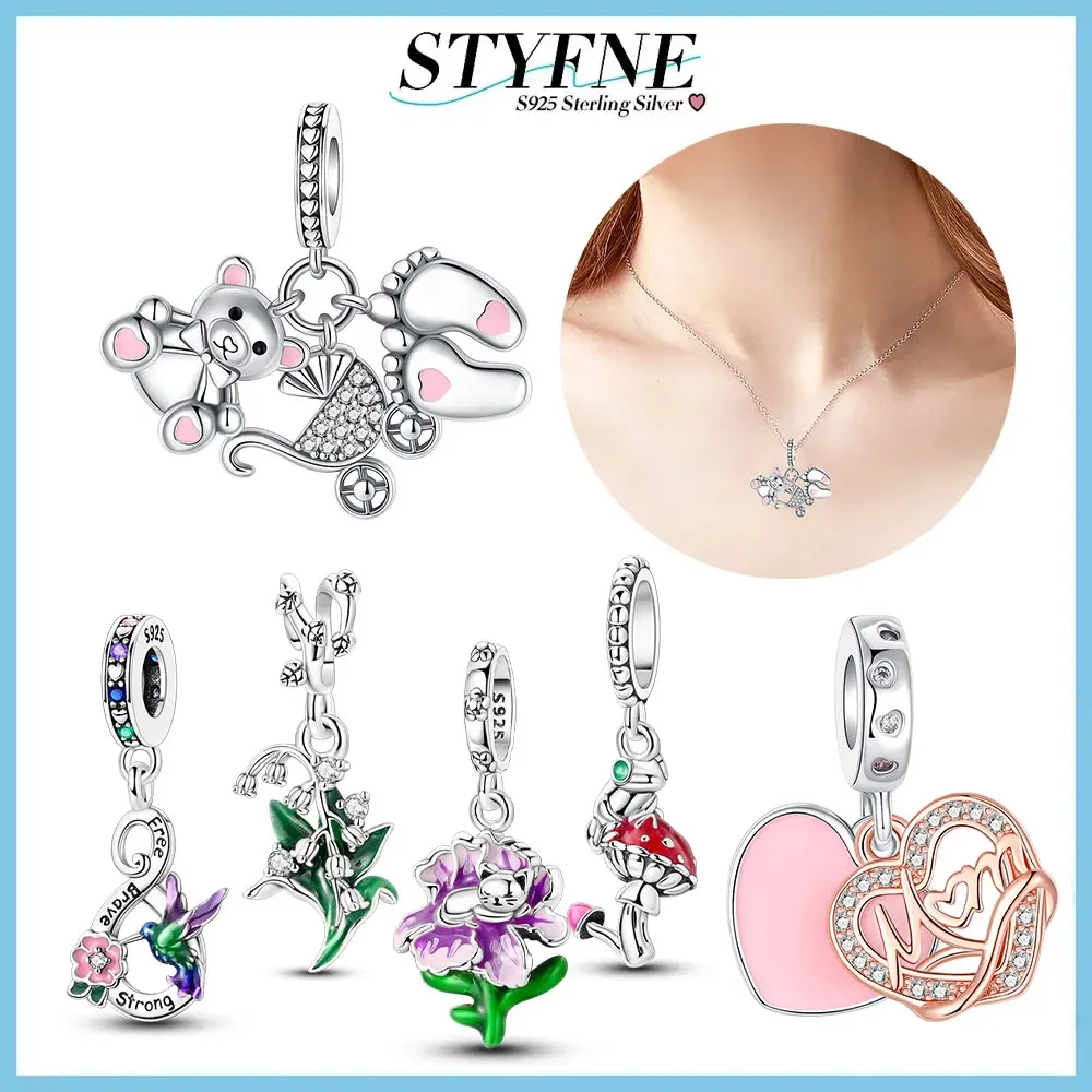 Sterling 925 Silver Flower Collection Lily of The Valley Iris Iris Hummingbird Power for Women Diy Bead Charm Fine Jewelry Gift