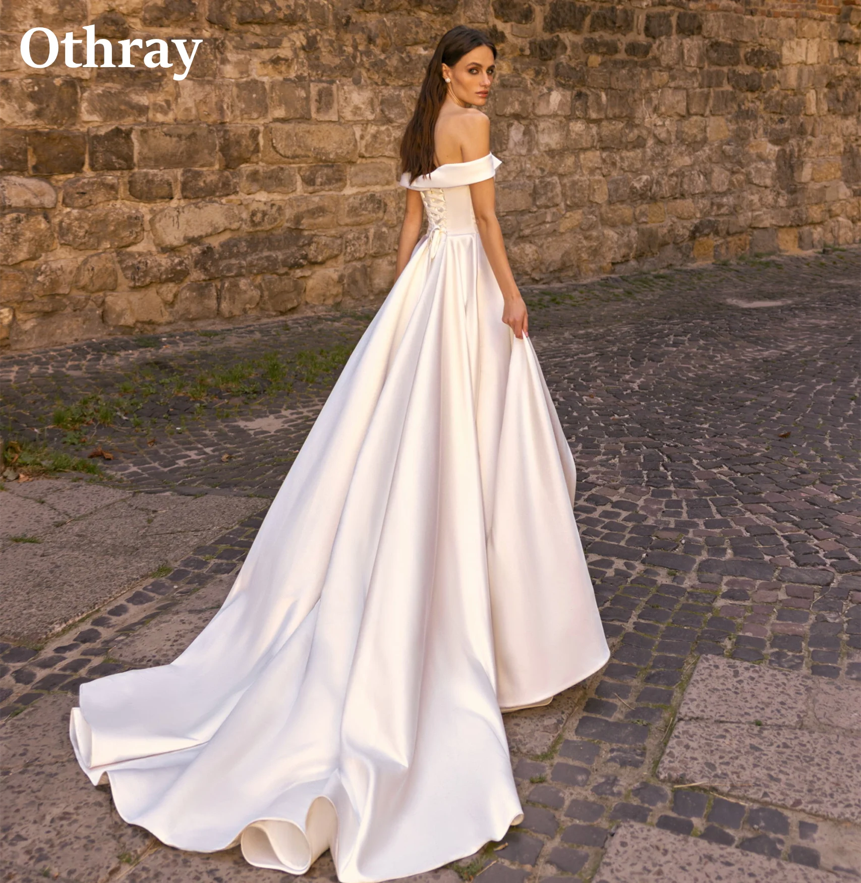 Otrray-vestidos De novia clásicos De satén con hombros descubiertos, traje De novia Formal con pliegues y abertura frontal, 2025