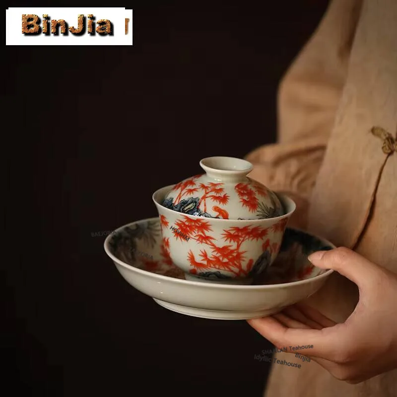 125ml Ancient Blue Glazed Handmade Cover Bowl Set Household Hand-painted Red Bamboo Gaiwan Vintage Tea Tureen Tea Maker Tea Gift