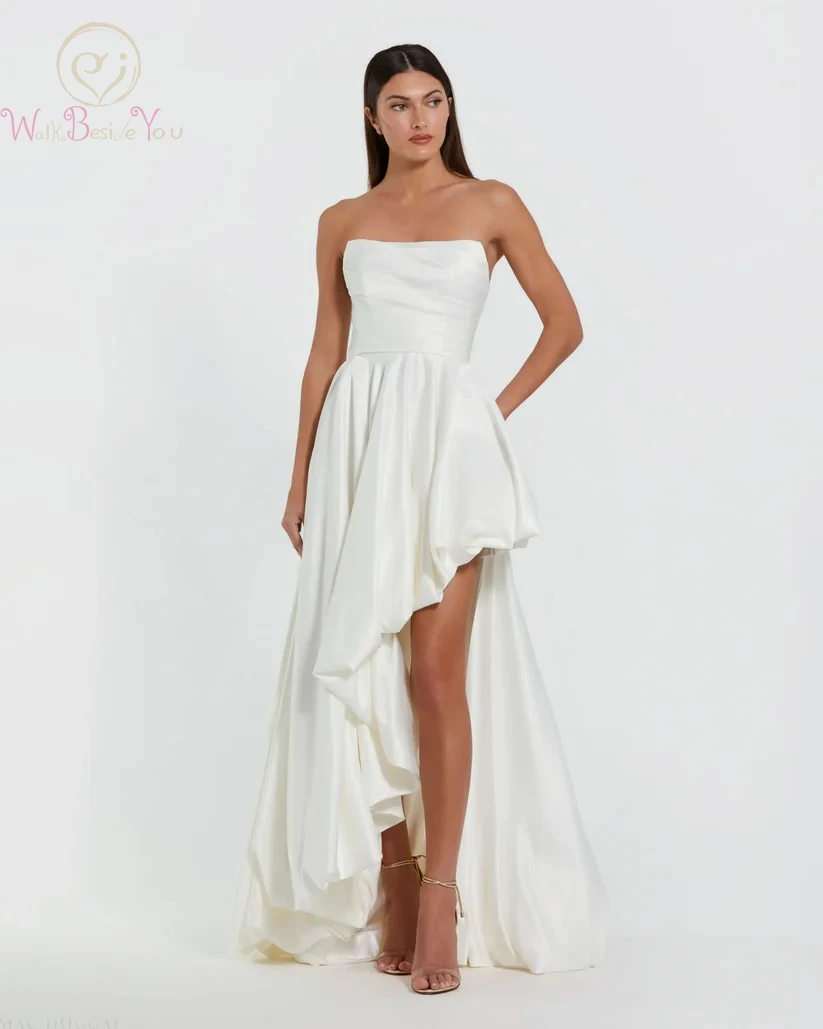 

Wedding Dresses Simple Strapless Ruched High Low Satin Bride Gowns Beach Bridal Dress Formal Party Women Dress