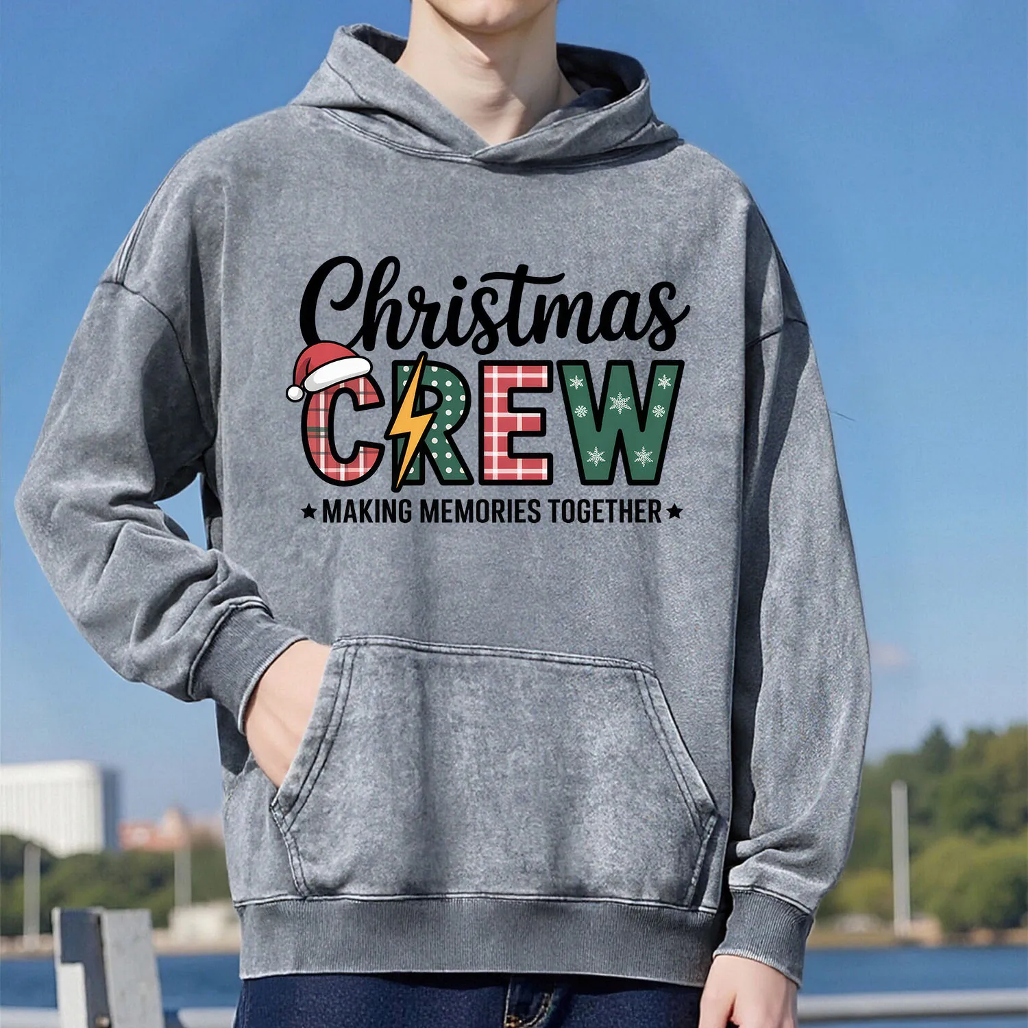 

Рождественские украшения Ретро стираный узор Толстовка с капюшоном унисекс Повседневный спортивный стиль из чистого хлопка Уличный стиль 400 г