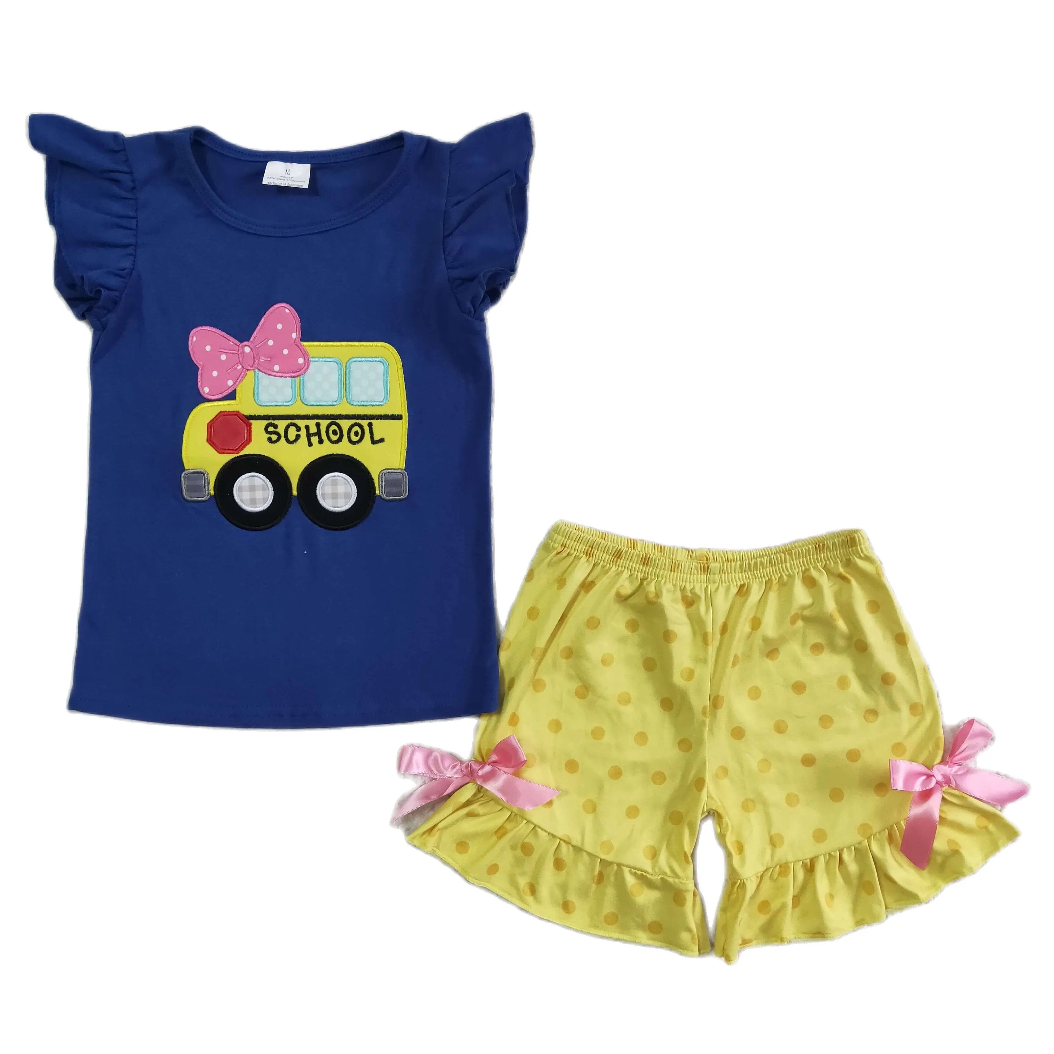 Back to School Embroidery Bus Toddler Baby Girl Clothes Summer Outfit Children Yellow Dots Shorts Wholesale Kids Set Clothing