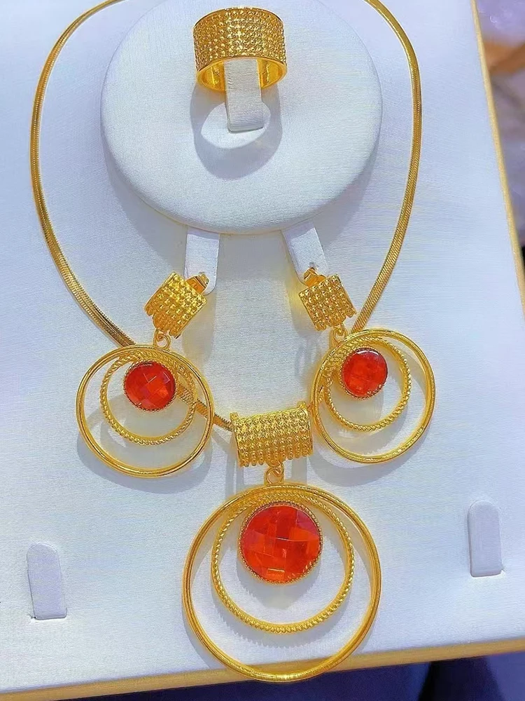 Stainless steel  Exaggerated large round pendant Necklace Earrings Ring Jewelry Set for women Jewelry Fashion Bridal Gifts