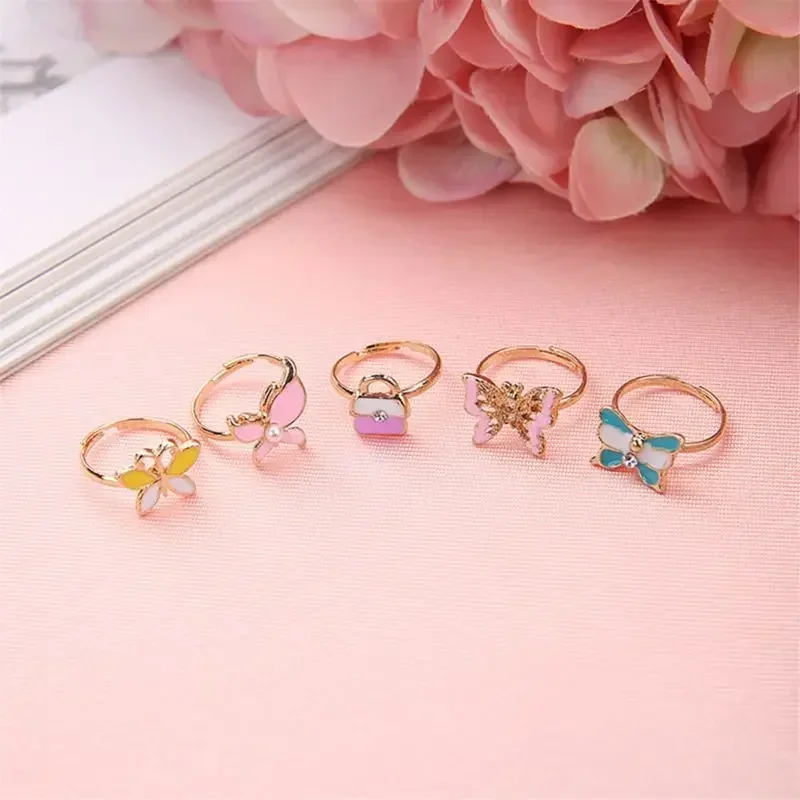 10Pcs Cute Adjustable Rings for Children Girls' Pretend Play Makeup Toys Cartoon Crystal Jewelry Alloy Animal Rings Kids Gifts