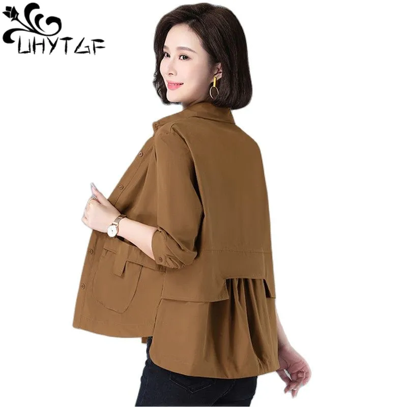 UHYTGF Jacket Women Korean Style Women's Clothes 2023 Thin Spring Summer Shirt Coat Female Short 4XL Large Size Outerwear 2630