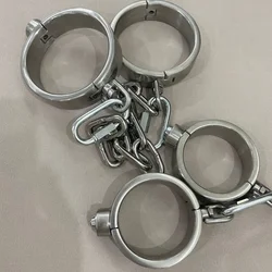 Heavy Stainless Steel Press Lock Wrist Handcuffs Ankle Cuffs Neck Collar Choker Shackles BDSM Restraint Chain Slave Game Couples