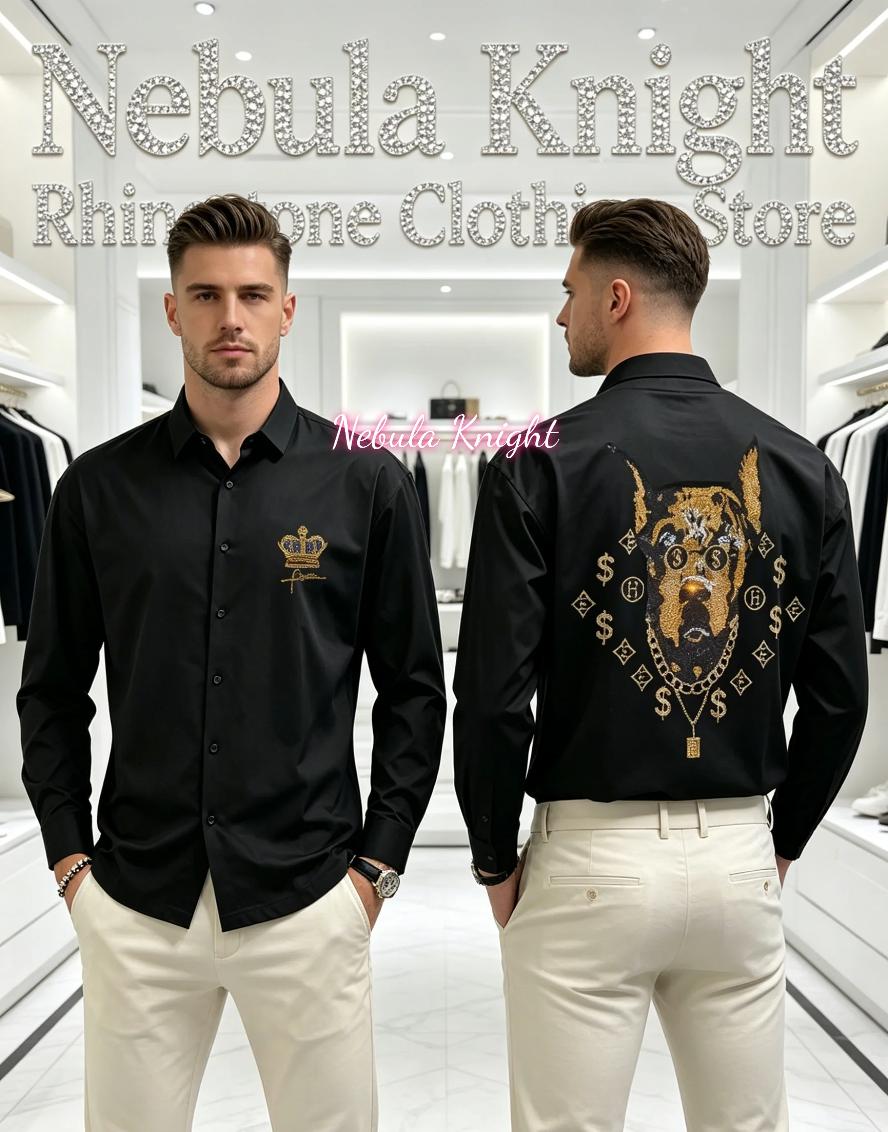 Men's Luxury Black Rhinestone Skull Slim Fit Button up Shirt Long Sleeve High Street Party Casual Top
