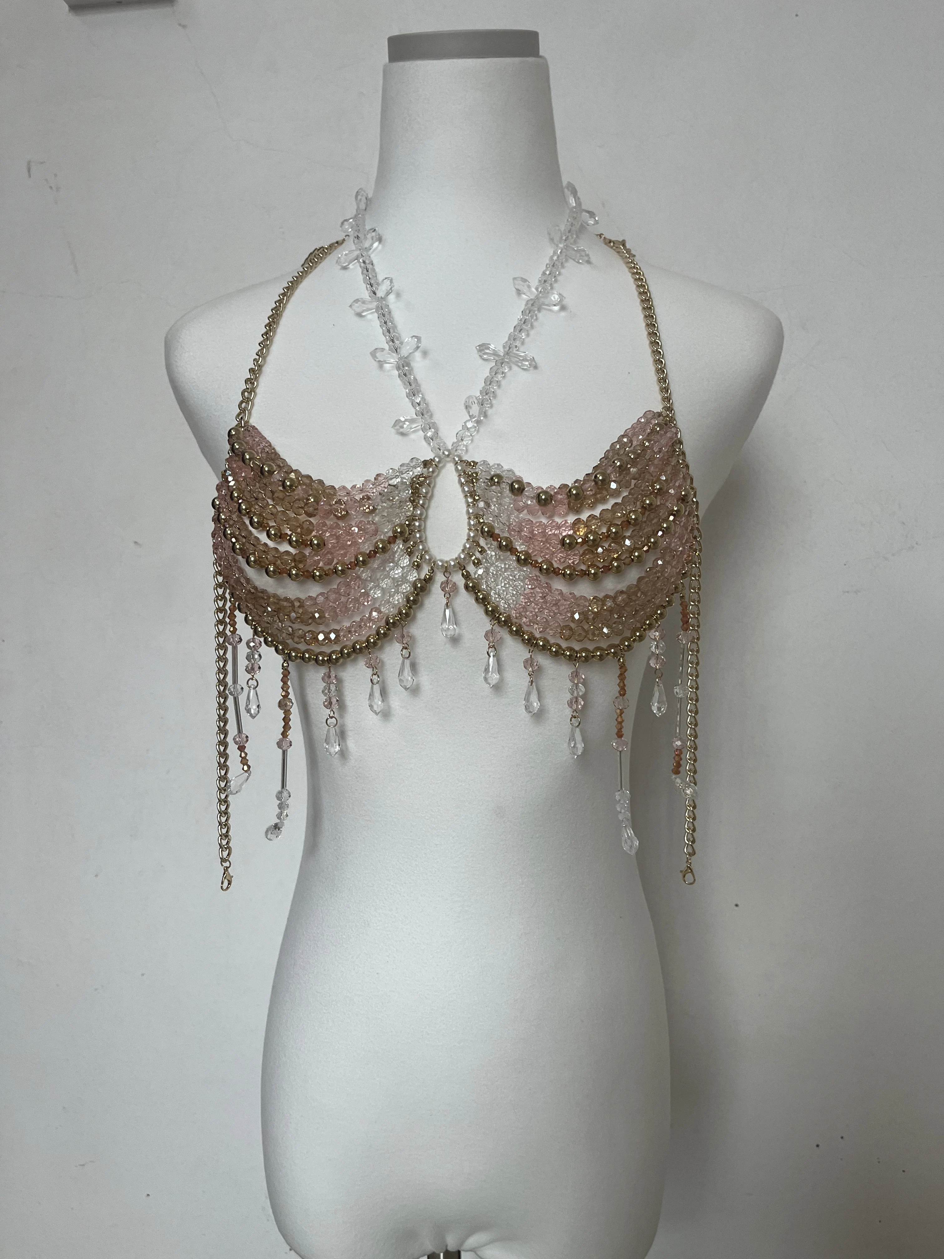 2025 Handmade Crystal Imitation Pearl Hanging Neck Backless Chest Chain Fashion Colorful Beads Wrap Body Chain Female