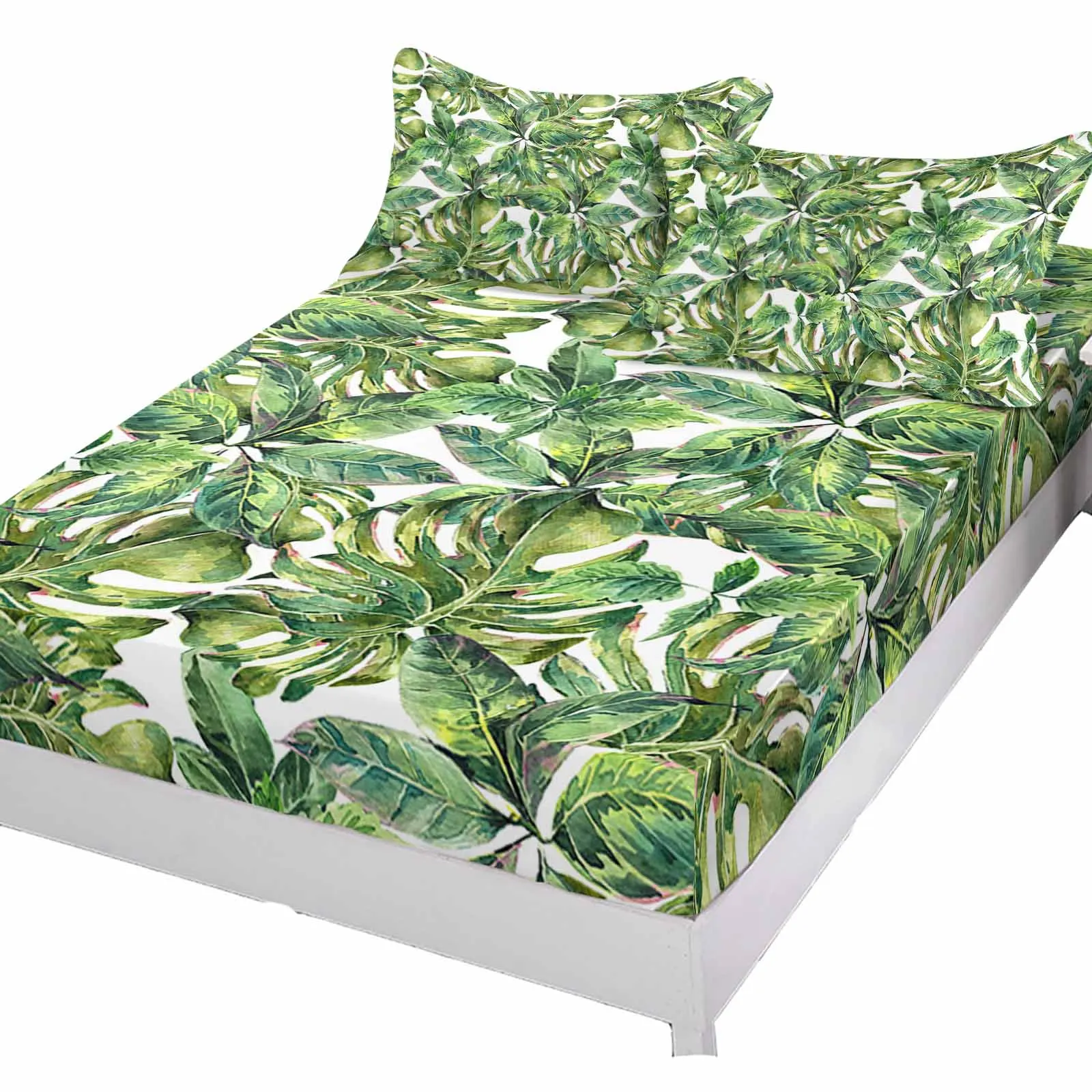 Tropical Palm Leaf Polyester Fitted Sheet Mattress Cover Four Corners Elastic Band Bed Sheet Pilllowcase