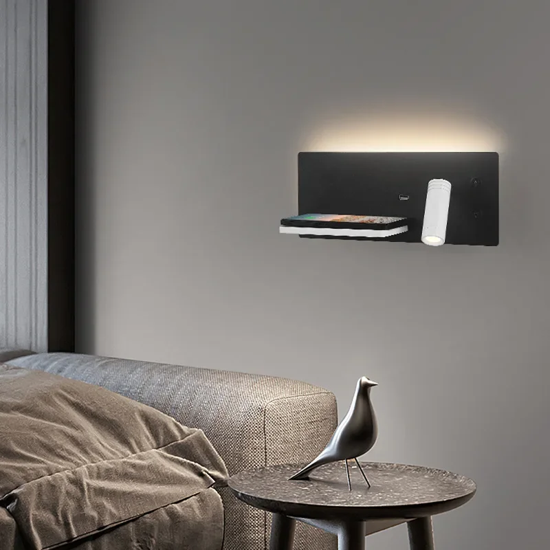 LED Adjustable Angle Wall Lamp USB Charging Port Wireless Charging Wall Lamp Study Bedroom Bedside Reading Lighting Fixture
