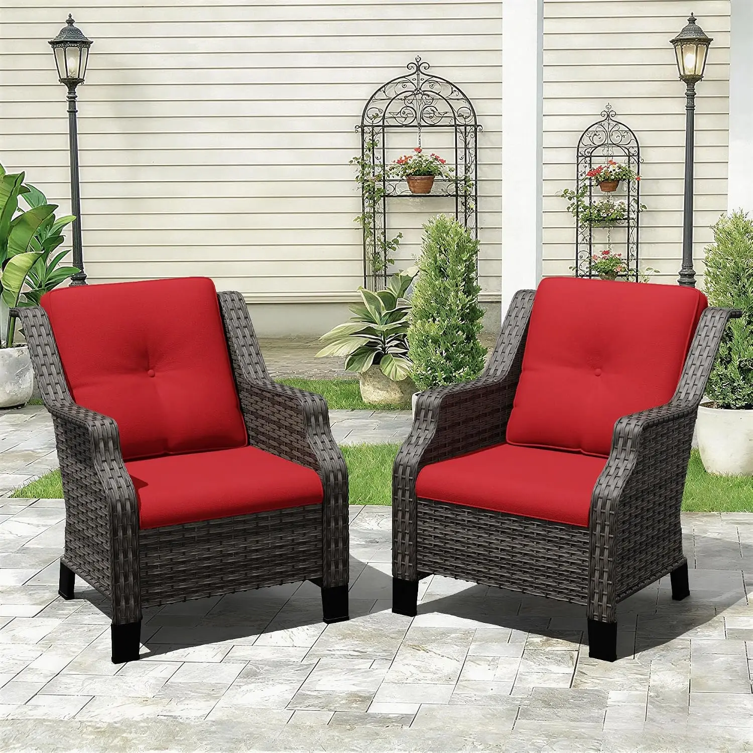 Outdoor Patio Chairs Set Of 2 Wicker Furniture Thick Cushions Curved Armrest Deep Seating For Porch Deck Balcony, Customized
