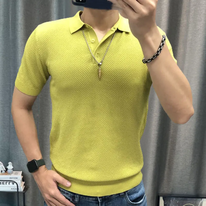 Quality British Slim Lapel Men Solid Color Polo Shirt Summer Man Ice Silk Short Sleeve Knitted Polo Top Camisa Hombre Polo Shirt