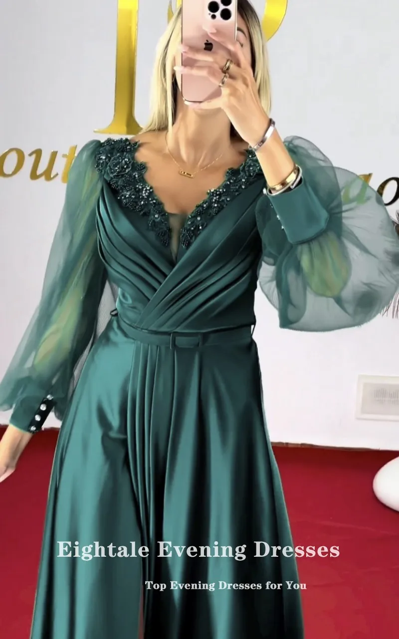 Eightale Dark Green Evening Dress Satin V-Neck Long Sleeves A-Line Beaded Floor Length Prom Party Gowns robe de soirée femme