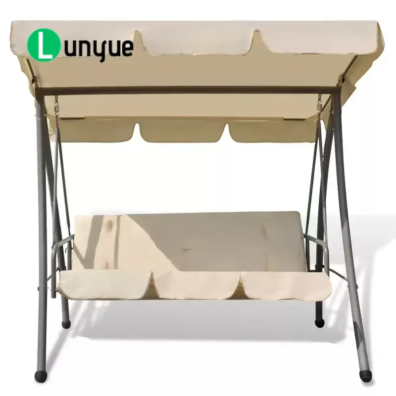 Outdoor 3 Seat Swing Chair Bed with Canopy Sand White Garden Patio Furniture Relaxing Comfortable Durable Steel Frame