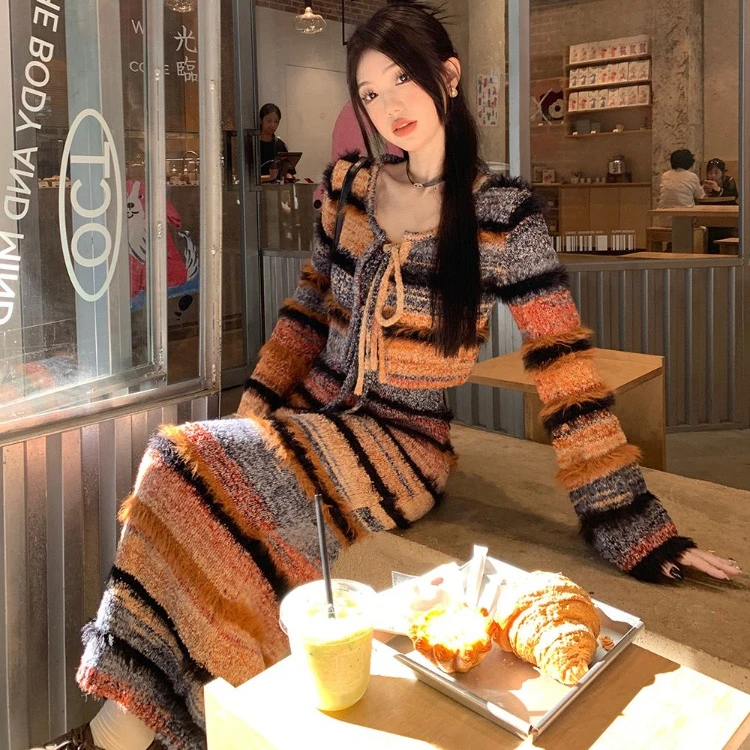 Striped Knitted Two Piece Sets Sweet Bow Lace Up Long Sleeve Cardigan Coat+ Autumn Winter New Slim Fit Bodycon Strap Dresses