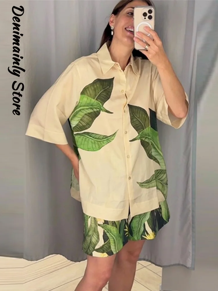 

Casual Print Women Shirt Shorts Set Lapel Single Breasted Top Elastic Straight Short Pants 2025 Summer Fashion Beach Lady Suit
