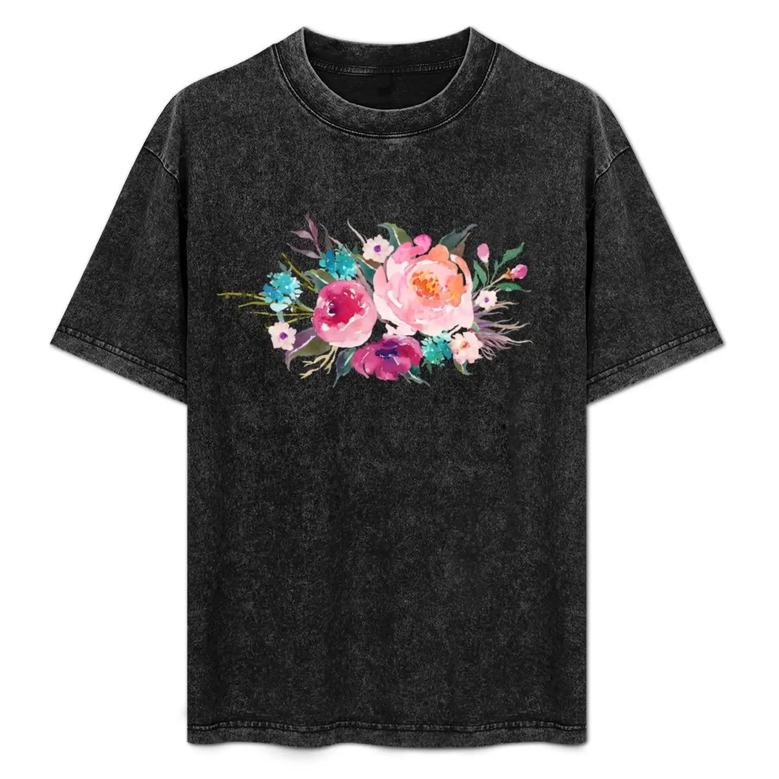 Floral Watercolor Bouquet Turquoise Pink T-Shirt Casual Fashion Short Sleeve Cotton T-Shirt