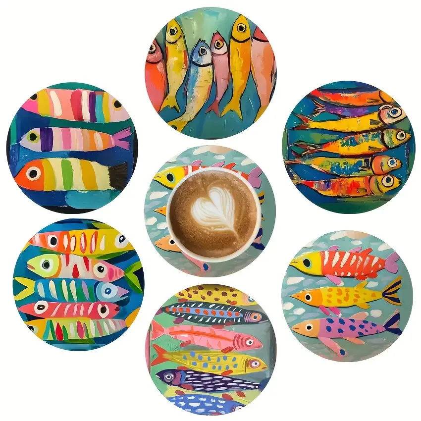Playful Fish Motif Art 2D 10CM Wooden Cup Mat Heat-Proof Skid-Resistant Surface Guard Dining Cafe Workplace Household Ornament