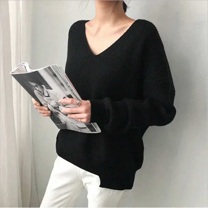 2023 Autumn Korean V-Neck Loose Solid Sweater Spring Women Warm Thick Pullover Office Lady All Match Knitwear Bottoming Sweater