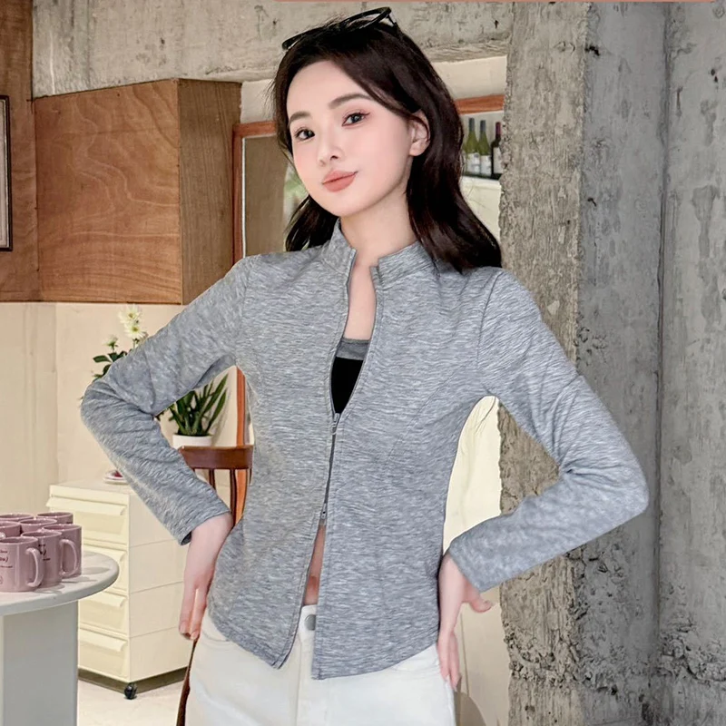 أنيقة سليم صالح سستة حتى السترات المرأة الكورية الأزياء الوقوف كولور كم طويل المحاصيل قمم امرأة الصلبة ضيق اليوغا معاطف قصيرة