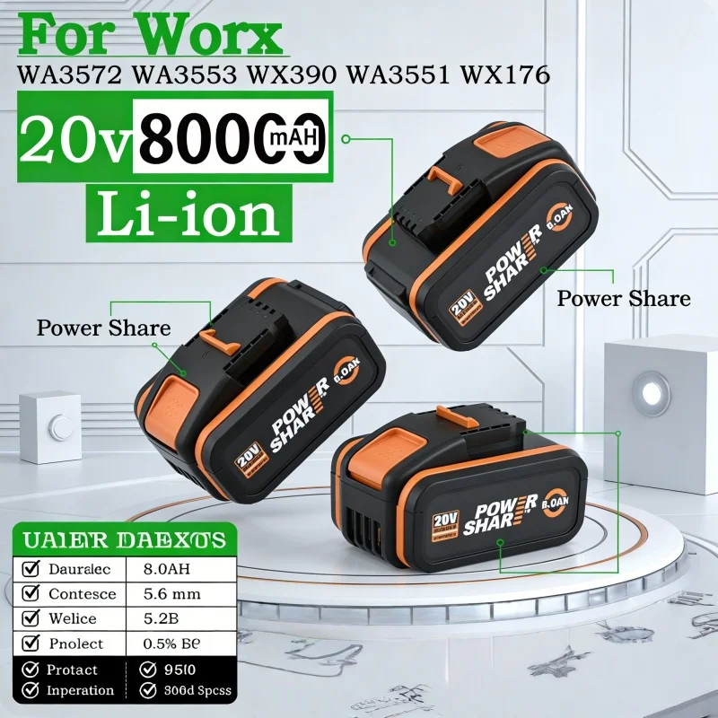 

100% Original For WORX 20V 8Ah 4Ah Battery WA3014 WA3551 WG630 WG629 WX372 WX390 WX394 WX550 WX523