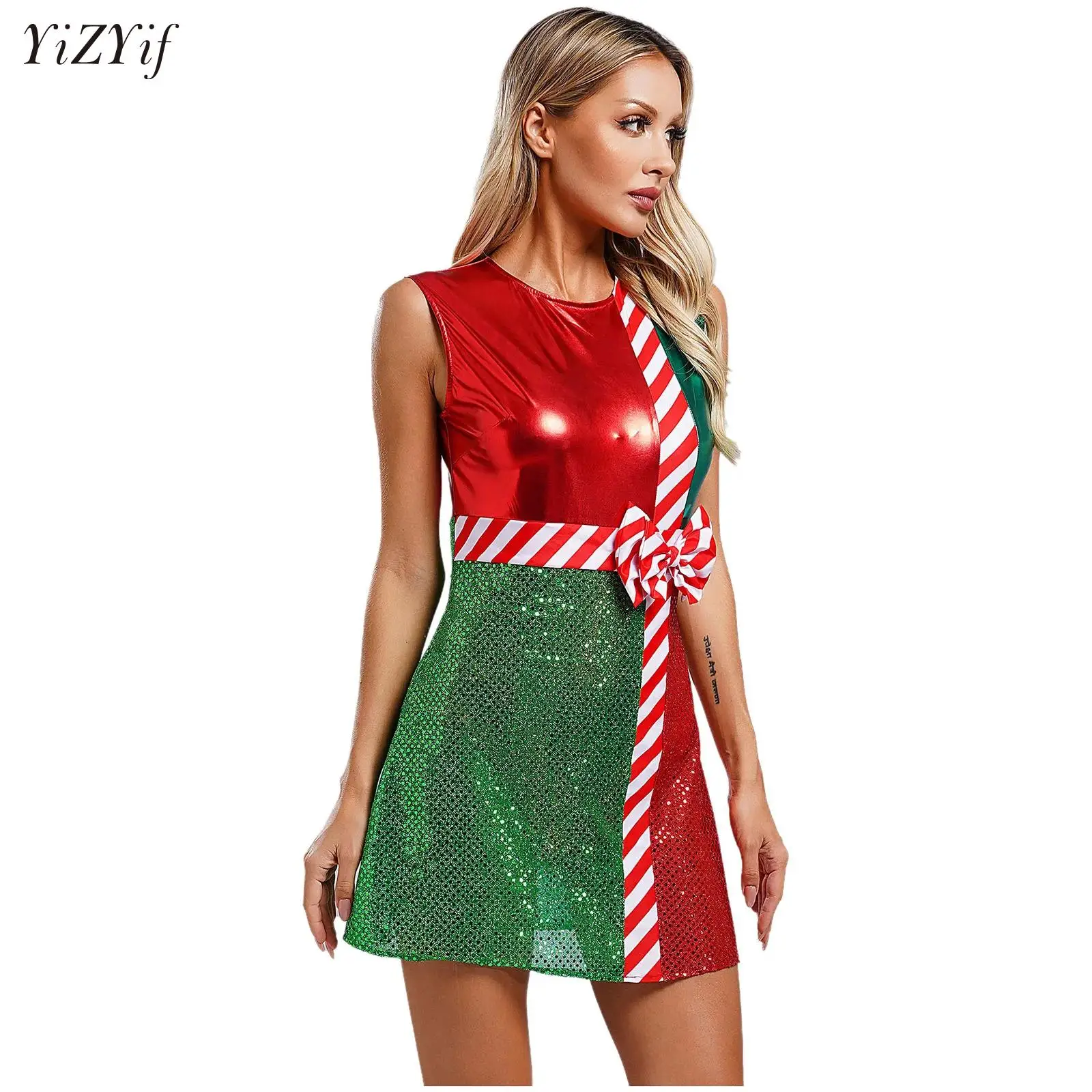 

Women Christmas Elf Dance Dress Adults New Year Xmas Party Mrs Santa Claus Cosplay Costumes Striped Dance Dress with Safe Briefs