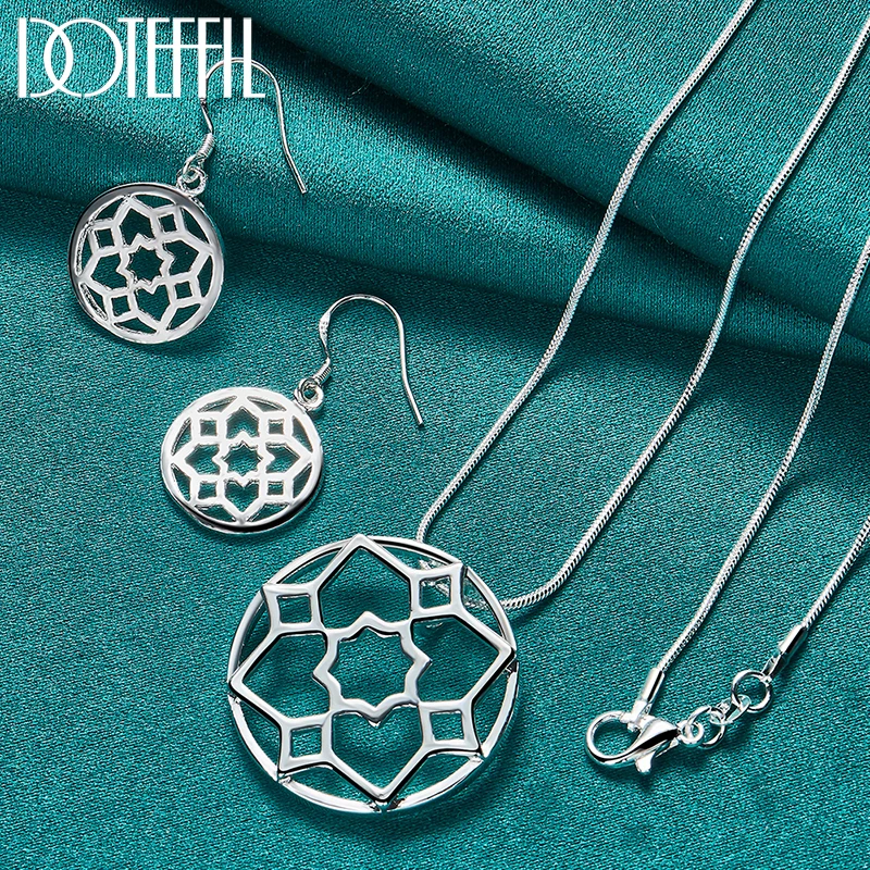 DOTEFFIL 2pcs 925 Sterling Silver Round Flower Pendant Necklace Earring Set For Woman Man Wedding Engagement Jewelry