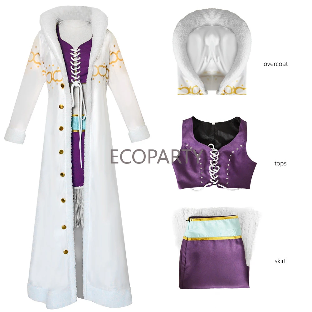 

Nico Robin Cosplay Costume Anime One Piece Purple Dress Uniform Long Fur Collar White Cloak Punk Outfit Halloween for Adult