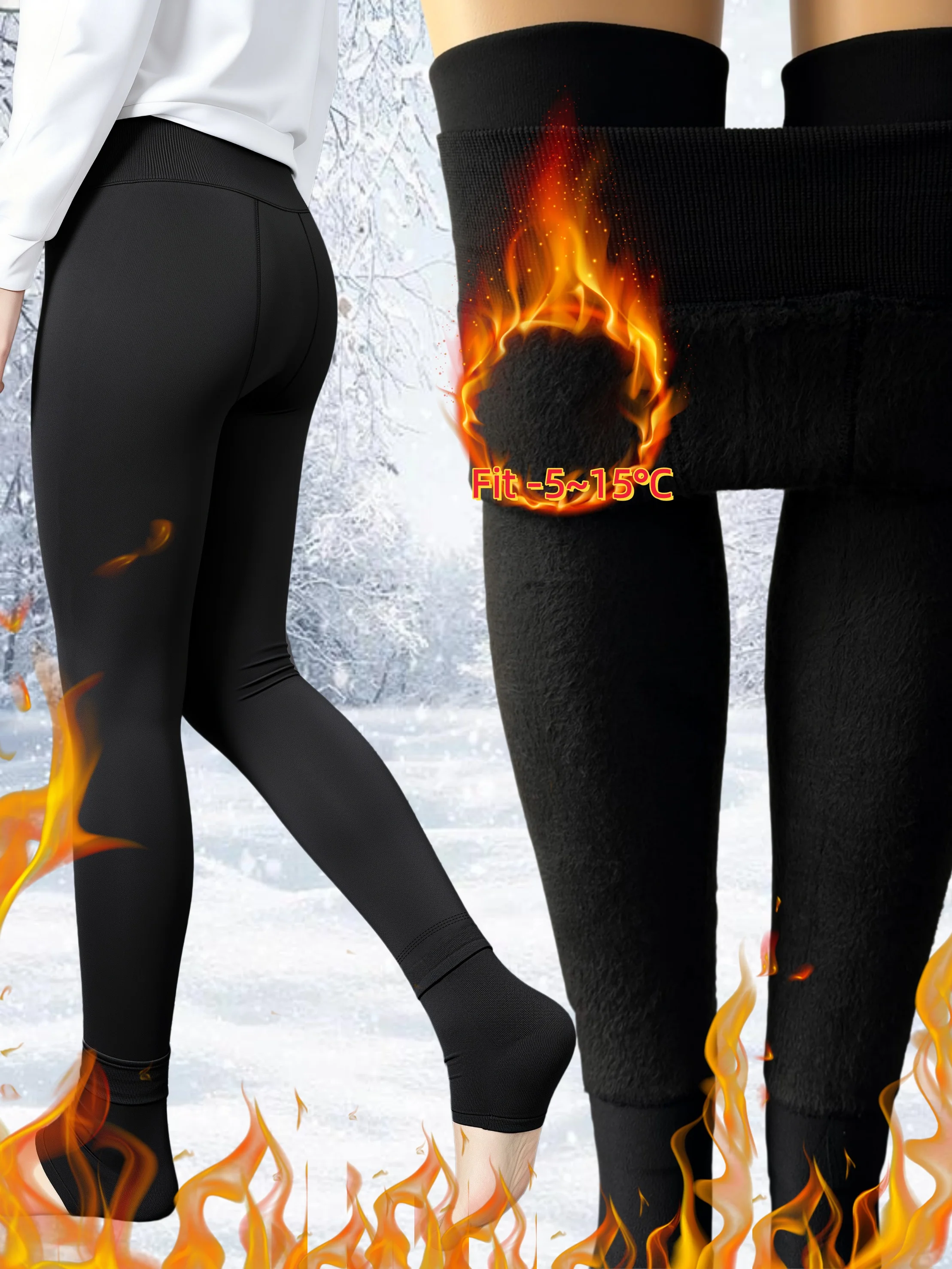 1er-Pack Schwarze Perlenfleece-gefütterte Stirrup Thermo-Leggings Weiche Winddichte Dehnbare Kälteresistente Warme Hosen für Winterausflüge – Detail 2