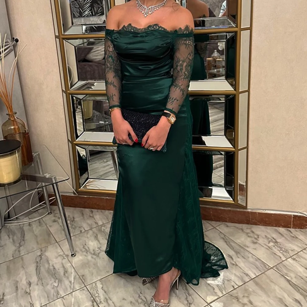 

Customized Graceful Panel Train Lace Pleats Off the Shoulder Long Sleeves Evening Dress Temperament Straight Strapless Prom Gown