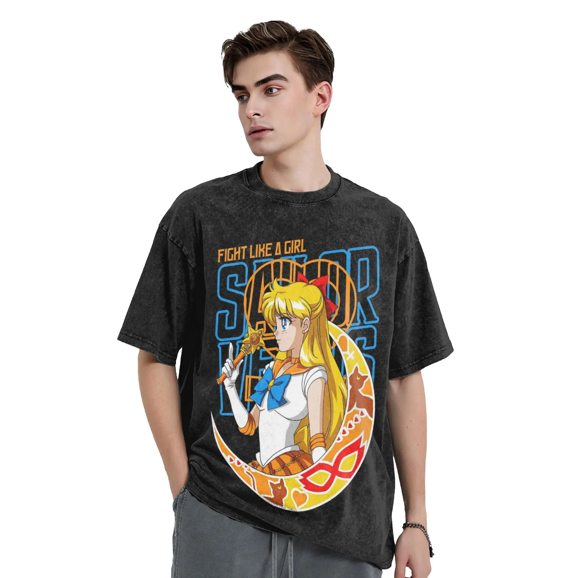 

Футболка унисекс с принтом Sailor Moon в японском аниме-стиле, винтажная, с эффектом потертости, уличная мода, короткий рукав, графический принт