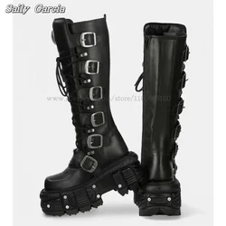 Rock Punk Chunky Heel Knee High Motorcycle Boots Front Lace Up Metal Toe Size 35-44 Sexy Boots Cyberpunk INS Vintage Lady Boots