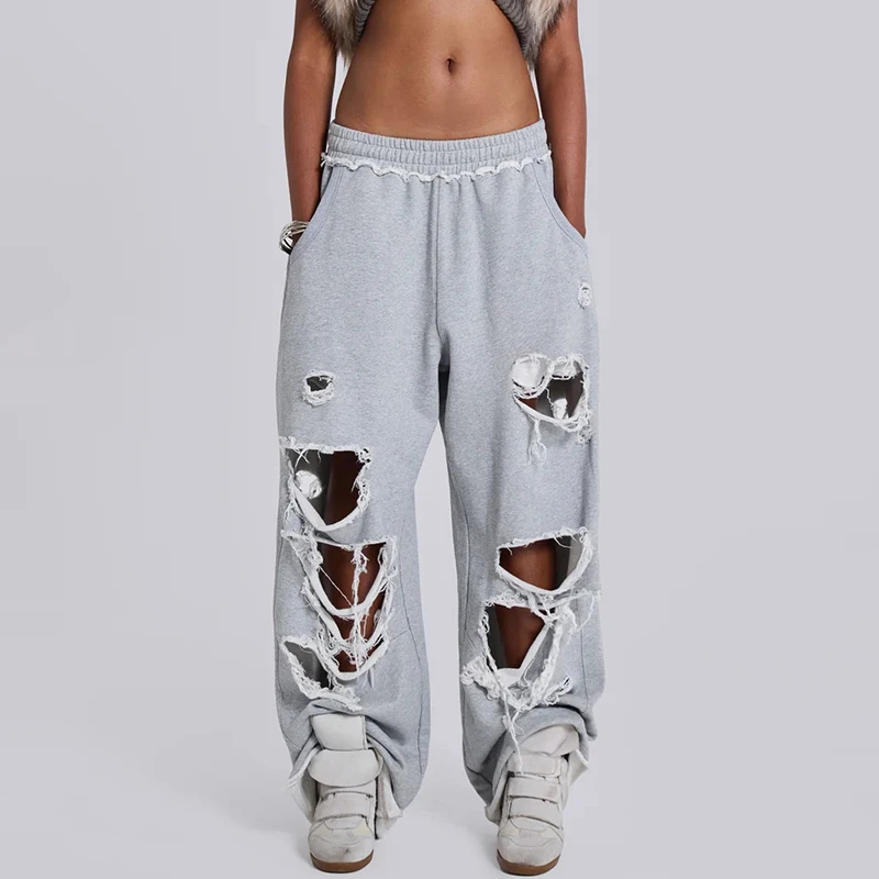ipooqi Y2K Grunge Ripped Sweatpants Women Distressed Joggers High Street Hip Hop Baggy Trousers Destroyed Holes Casual Pants