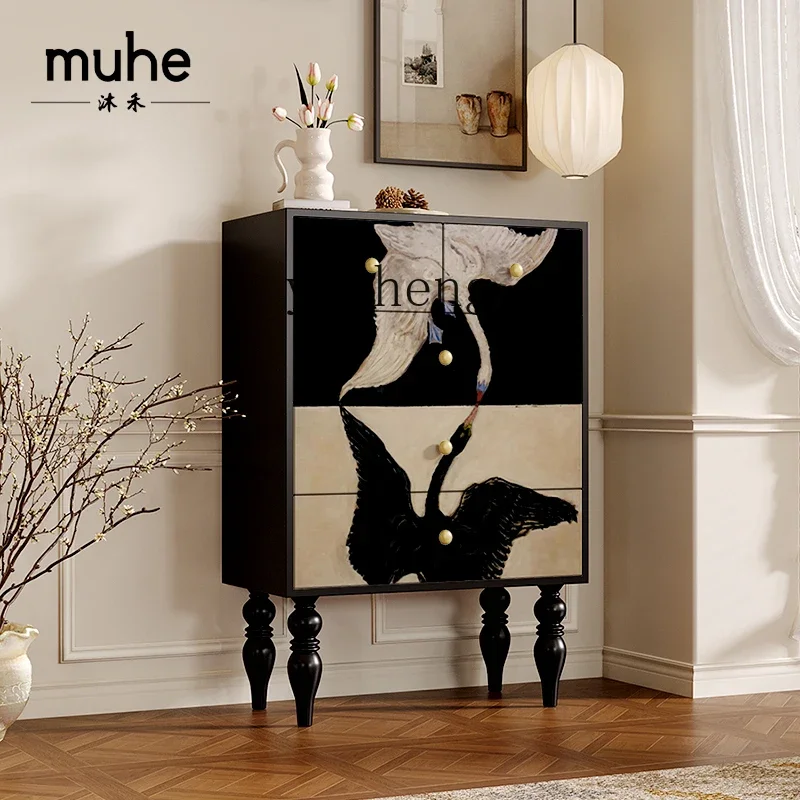 TQH French retro swan kiss living room solid wood tall cabinet bedroom room storage kitchen storage cabinet