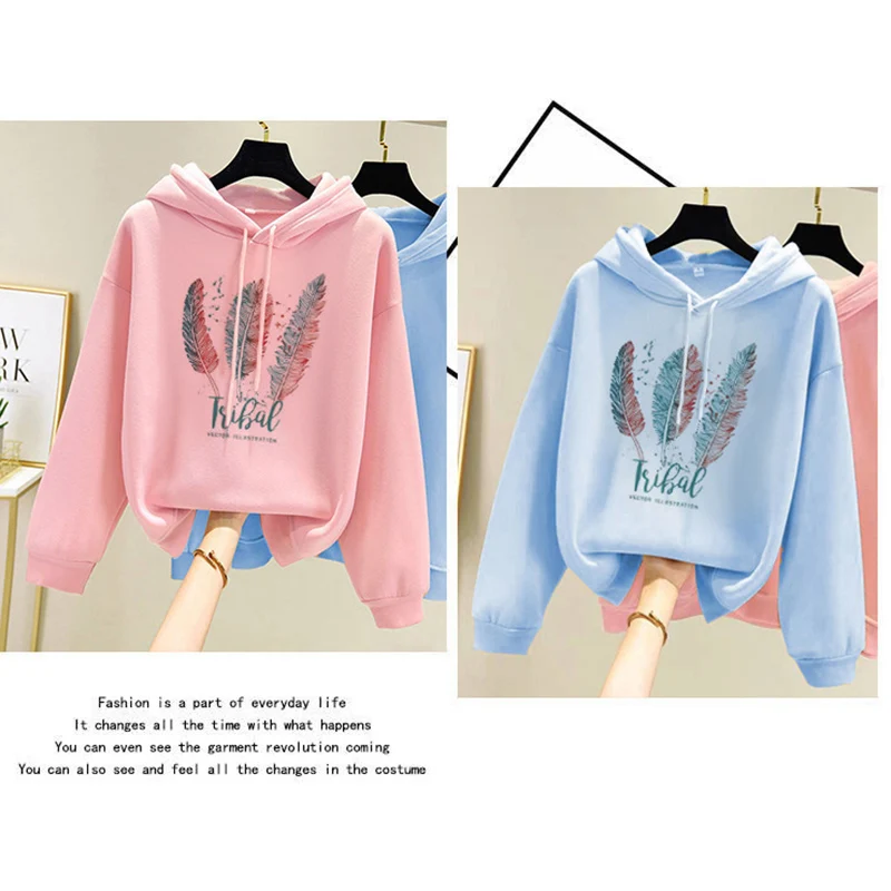 Autumn Hoodie Solid Color Feather Pattern Hooded Korean Fashion Sweatshirts Long Sleeve Top Drawstring Pockets Loose Hoodies