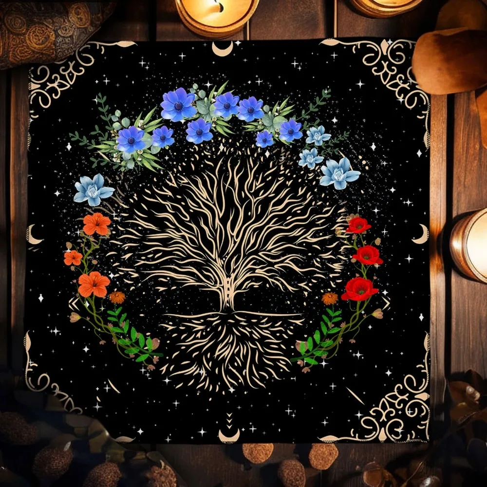 Tree of Life Tarot Card Tablecloth With Flowers and Plants For Tarot Reading Cloth Starry Sky Witch Altar Cloth Home Decor