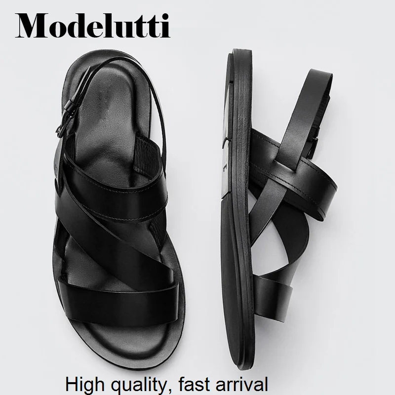 

Summer 2023 New Genuine Leather Matching Straps Open Toe Sandals Men Solid Color Simple Basic Beach Shoes Casual Male