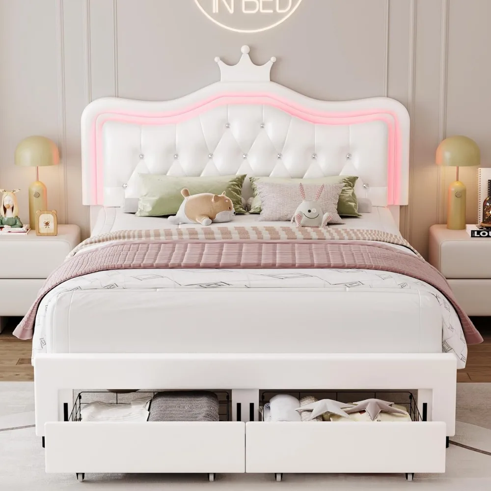 LED Bed Frame with Storage Drawer,with Adjustable Crystal Button Tufted Crown Headboard Leather Princess Platform Bed