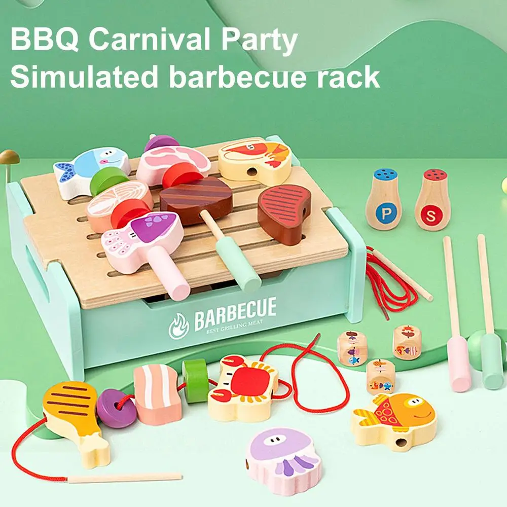 Wooden Play Barbecue Kids Grill Playset With Play Food And Grilling Tools, Play Kitchen Accessories For Toddlers Boys Girls