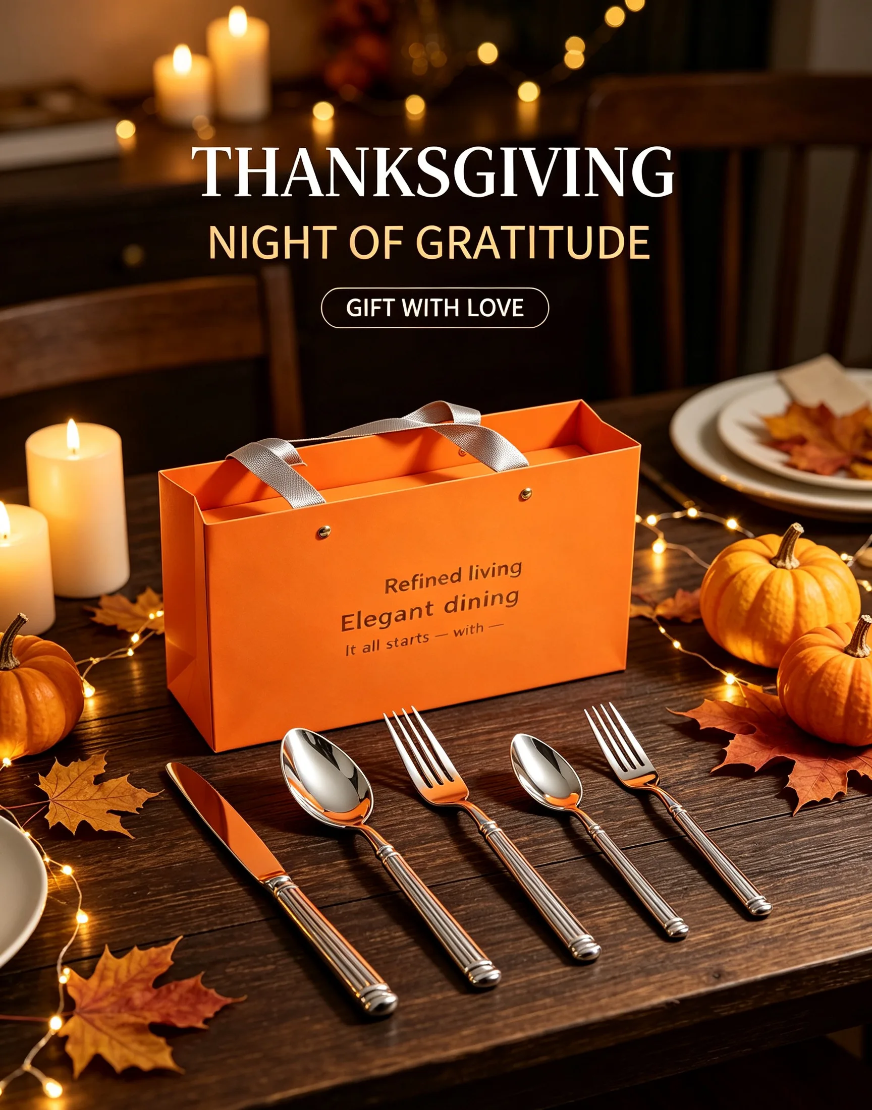 5‑Pcs Vertical Grain 420/304 Stainless Steel Cutlery Set, Thanksgiving Gift Box, Rust‑Resistant Spoon Fork Knife